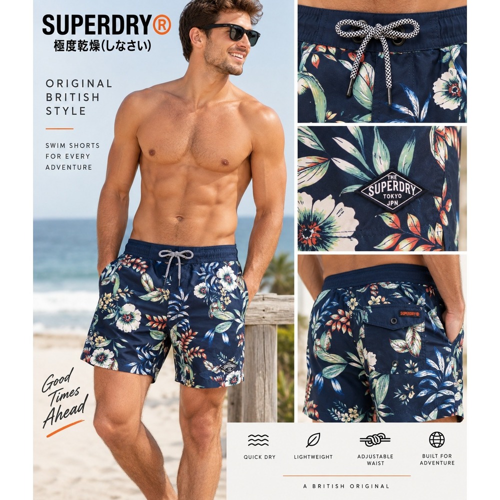 Superdry Mens Navy Blue Floral Tropical Swim Shorts Mesh Lined 2XL NWT
